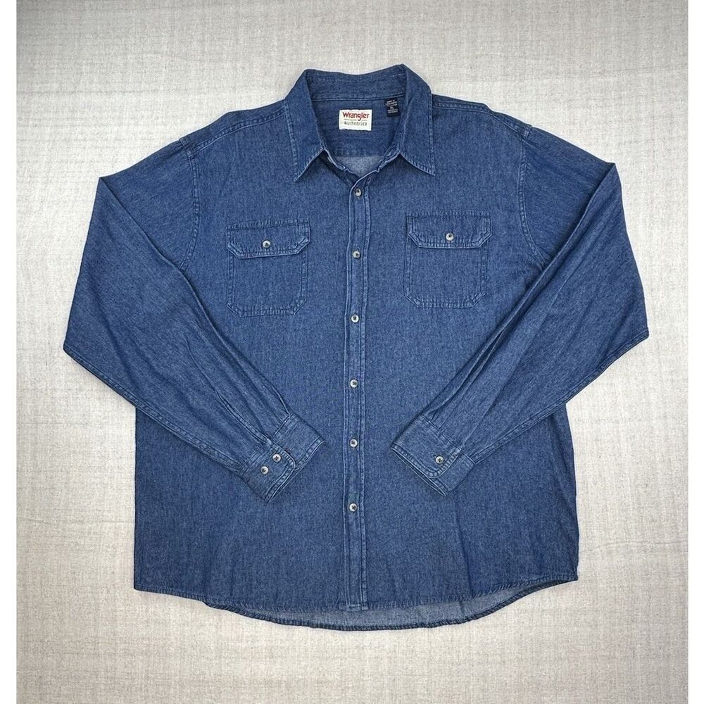 Wrangler Mens Denim XL Long Sleeve Medium Wash Blue Cotton Button Up Epic Soft